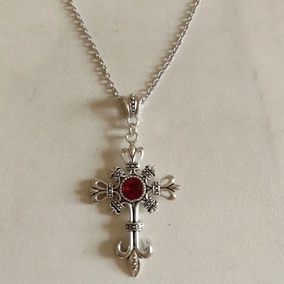 Stainless Steel Ruby Cross Unisex Pendant Necklace - Picture 5 of 8